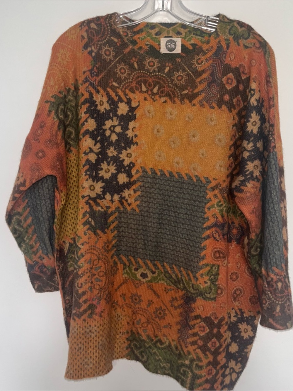 Mixed Patchwork Knit Sweater in Rust, Mustard & Olive